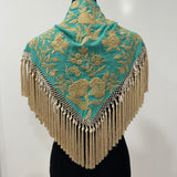 Mantón turquesa bordado oro viejo Cantillana
