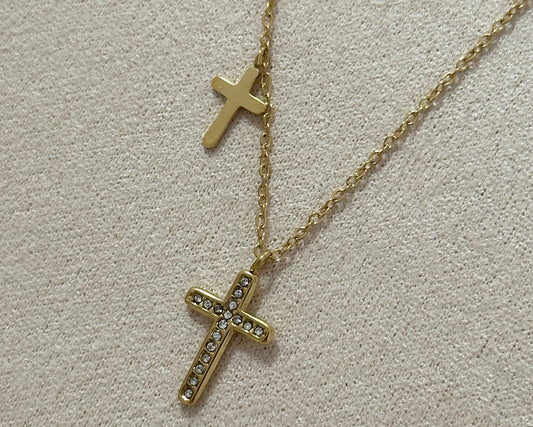 Gold plated double cross necklace